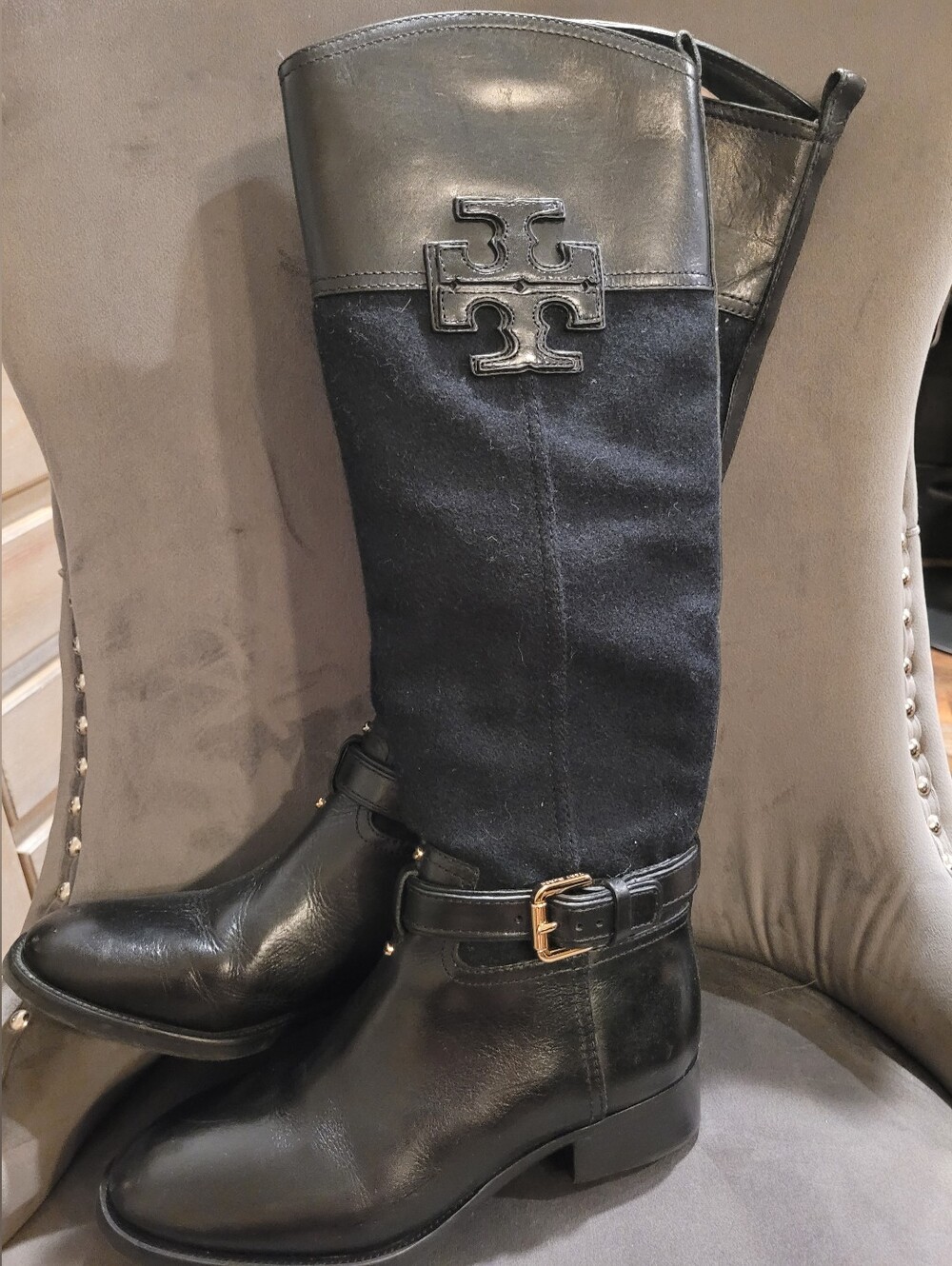 Tory Burch Black Leather Suede Logo Riding Boots Gold Hardware Size 5M - Picture 8 of 15